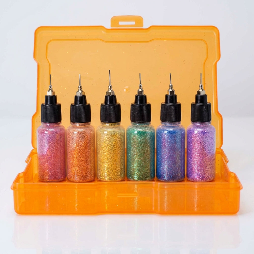 A high-resolution studio shot of the Rainbow Glitter Gift Box, showcasing its vibrant rainbow pride colors—red, copper/orange, gold/yellow, green, blue, and purple—illuminated by softbox lighting that enhances the glitter's reflective properties. The camer