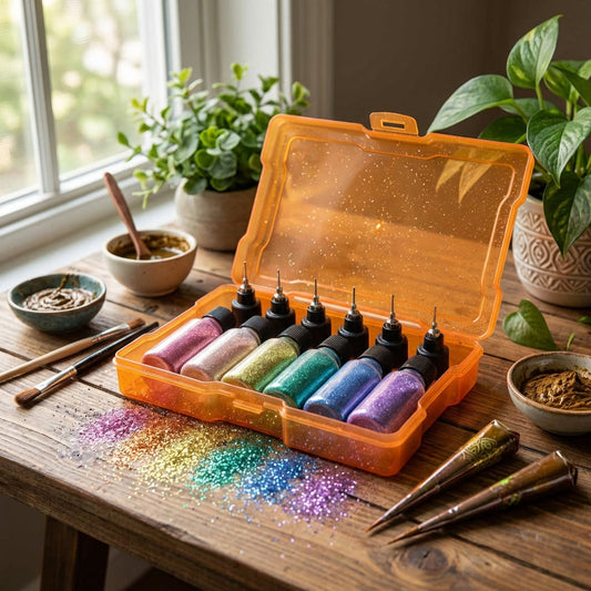 A lifestyle scene featuring a Henna artist’s workspace with the Rainbow Glitter Gift Box prominently displayed, surrounded by henna tools, lush green plants, and natural daylight filtering through a window using diffused daylight studio lighting. The camer