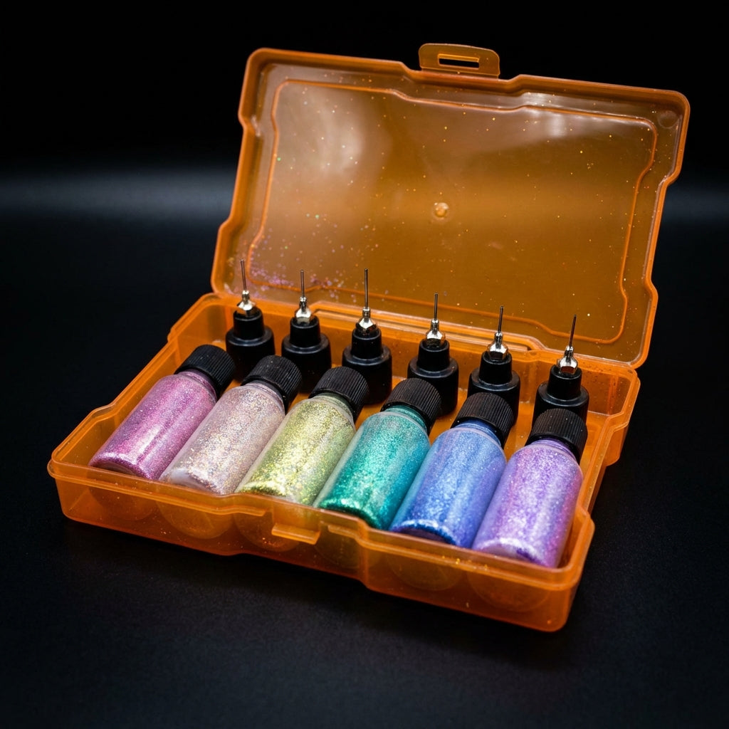 A close-up, product-focused shot of the Rainbow Glitter Gift Box set against a plain dark background to emphasize the colors and sparkle. Studio HDR lighting highlights the glitter’s body-safe, shimmering particles, with a narrow-depth-of-field to keep the