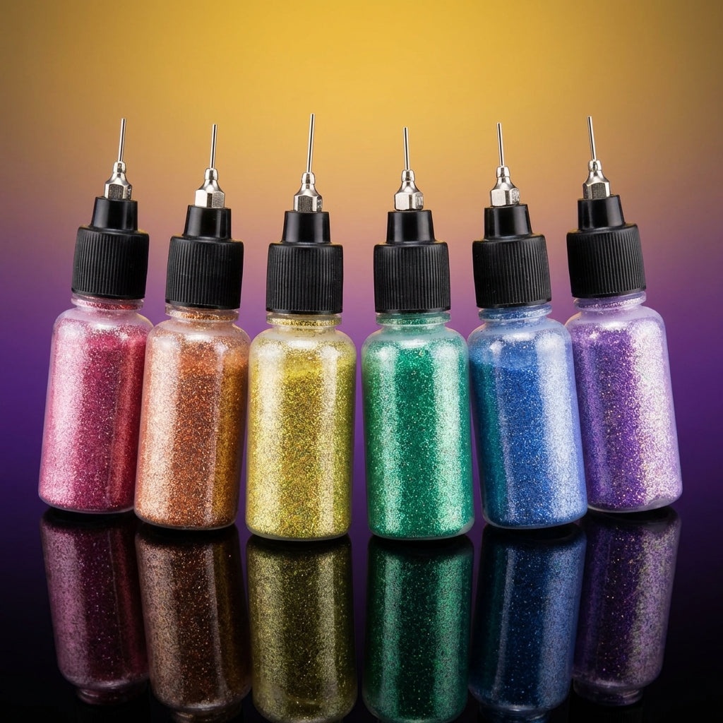 Capture a vibrant, high-resolution studio shot of the 'Pride Rainbow Glitter Pack' arranged elegantly on a sleek, reflective black surface. Use HDR studio lighting with softbox diffusers to evenly illuminate the six colorful, miniature Poof bottles, emphas