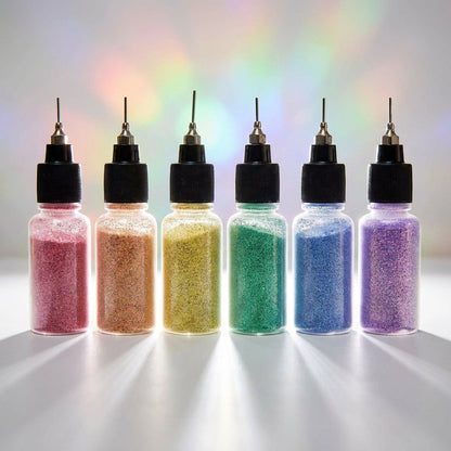Create a dramatic, cinematic product shot with a focus on the six Poof bottles standing upright on a clean, matte white surface. Use rim lighting to create a glowing outline around each bottle, emphasizing the glitter’s shimmer and the precision of the pac