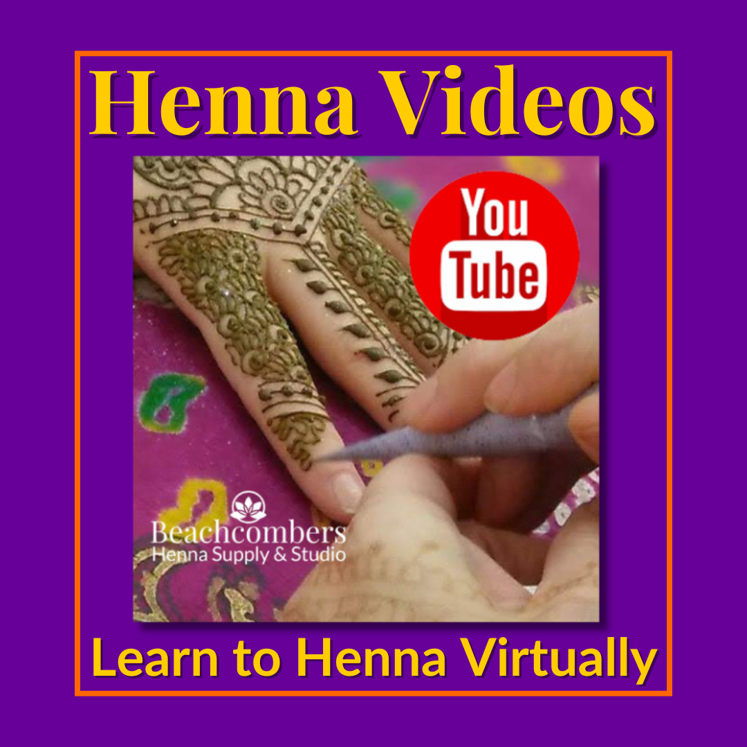 graphic says Henna Videos=Learn henna virtually. Has picture of a henna cone applying henna on a finger