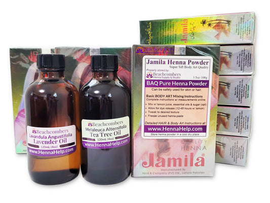 Picture of henna pro pack, 8 boxes of Jamila henna and two large 4 oz bottles of essential oils.